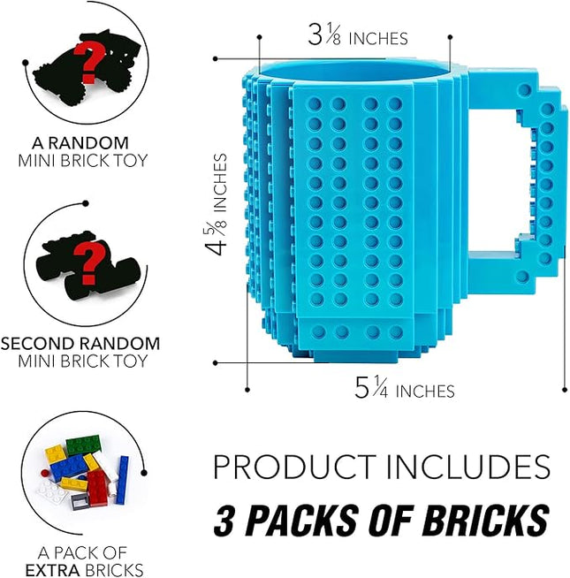 TOYAMBA Build-on Brick Mug BPA-Free Funny Coffee Mug with 3 Packs of Building Blocks Compatible with Major Brands, Funny Cups for Kids 16OZ (Baby Blue)