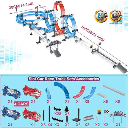 Toy Car Racer Track Set with 4 Pull-Back Cars, 360° Loops, Cross Overpass & Curves, High-Speed Racing Game Track for Boys Kids Birthday Gift Ages 6-12