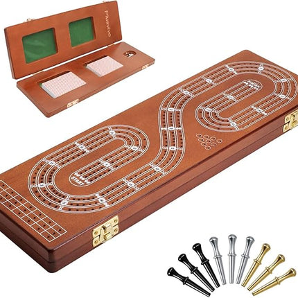 Cribbage Board Game Set 3 Tracks, Plusvivo Solid Oak Wood Cribbage Boards Unique with 9 Metal Pegs & 2 Storage Area, 15.5 X 4.9 X 1.2 in Travel Portable Cribbage Game Sets for Family