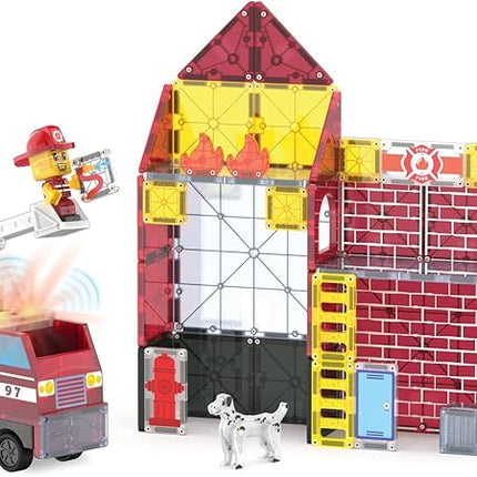 MAGNA-TILES Fire Station 50-Piece Magnetic Construction Set, The Original Magnetic Building Brand