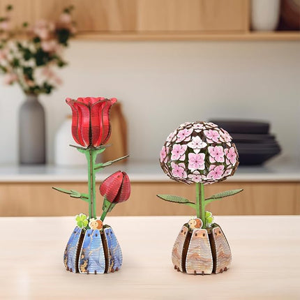 Jege 3D Flowers Wooden Puzzles for Adults,DIY Wooden 2 Flowers per Kit Building Set for Home Decor, Creative Craft Gift Toys Kits with 2 Perfume Bottles and Diffuser Sticks (Rose + Hydrangea)
