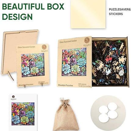 delobi Stained Glass Puzzle Succulent Wooden Puzzles for Adults 300 Pieces, Unique Liberty Challenging Jigsaw Puzzles Gift for Friends Family Game 12.4 x 12.4 Inch