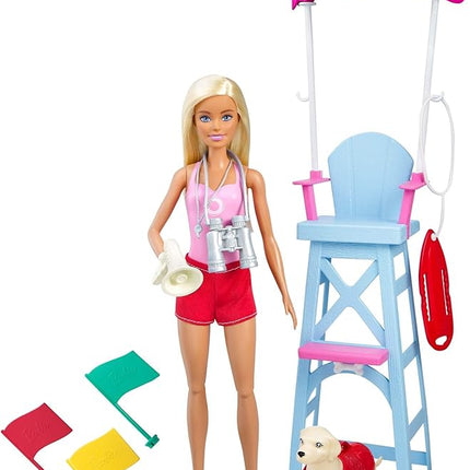 Barbie Careers Playset, Blonde Lifeguard Doll Wearing Removable Outfit with Dog, Chair & 5+ Accessories