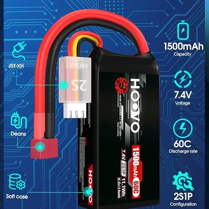 HOOVO 2S 7.4V 1500mAh 60C RC Lipo Battery Pack with T Connector for RC Boat Truck RC Helicopter Airplane Quadcopter UAV Drone FPV Racing Hobby Models(2 Packs)