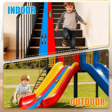 Flexible Race Track Toys for Kids 15 Ft with 4 Cars & Suction Cups, Portable Double Lane Racetrack Compatible with Hot Wheels & 1/64 Diecast Cars, Fun Car Ramp Track Set for Ages 3+(Blue & Red)