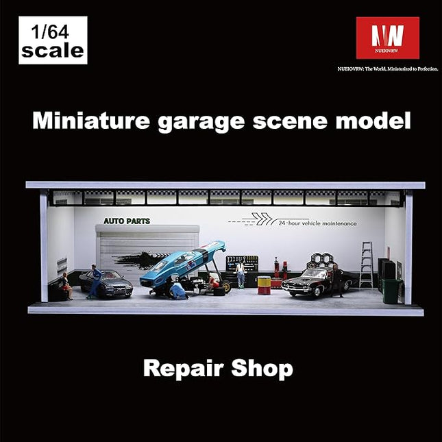 Display Case for Hot Wheels,Diorama 1/64 Scale Car Garage Model with LED Lights and Acrylic Cover, Stackable Car Parking Lot Model,Diecast Car Display Case(Repair Shop)