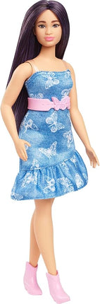 Barbie Fashionistas Doll #231 with Purple Hair, Wearing Strapless Denim Butterfly-Print Dress with Pink Belt and Boots
