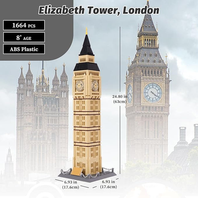 Toy Building Block Set, London Big Ben Elizabeth Tower Building Blocks Regular Size Brick World Famous Architecture Christmas Birthday Gift for Adults Children Kids Boys Girls 8+ 1666 PCS