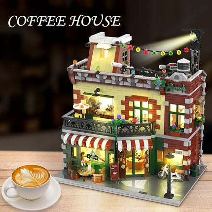 Coffee House Building Set with Light, 1589 PCS City Cafe Shop Building Block Toy with Stage Street Lights, Architecture Construction Model for Adults Teens Kids Ages 10 11 12+ Boys Girls