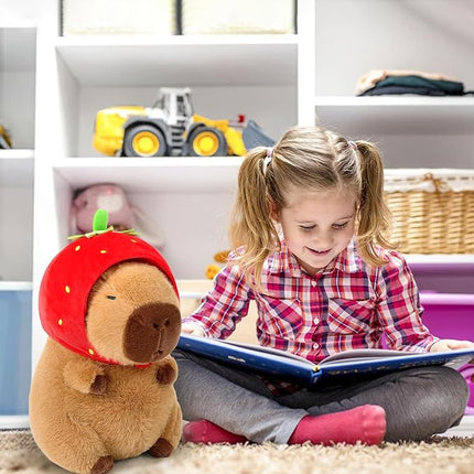 Ditucu Cute Capybara Plush Wear Strawberry Hat Soft Capibara Stuffed Animal Plushies Toys Hugging Gifts for Kids Brown 9 inch