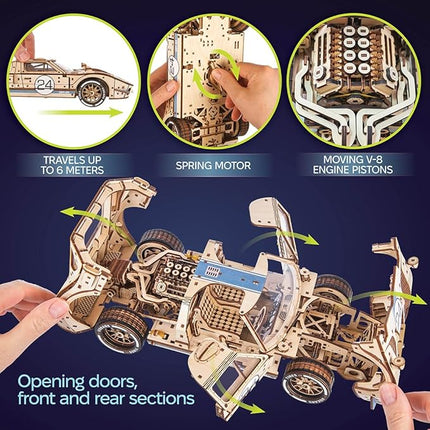 UGEARS UGT-24 Endurance Racer 3D Wooden Puzzles for Adults - DIY Model Car Kits 3D Puzzle, Mechanical Wooden Model Kits for Adults to Build, Wood Sports Car Racing Brain Teaser, Hobby Gift