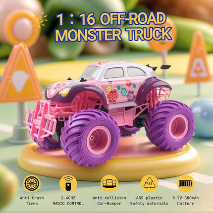 1:16 Scale RC Cars - All-Terrain Off-Road Monster Car & Beetle Bug Car, 2.4GHz Remote Control Toys for Girls Ages 6-12 (Pink/Purple) | Box Included