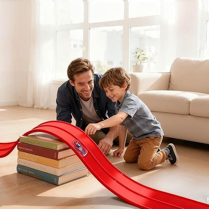Flexible Race Car Ramp Track for Kids Toy 4 Small Race Cars and 8 Suction Cups Compatible with Hot Wheels and Diecast 1/64th Cars, Rolls Up Portable Racetrack for Ages 3 & Up (Red)