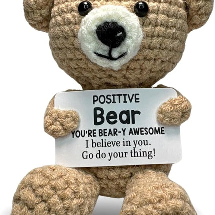 Positive Crochet Animals Positive Bear Wise & Warm - Handmade Emotional Support Crochet Doll Desk Decor Pickle Gifts Emotional Support Plush for Anxiety & Stress Relief