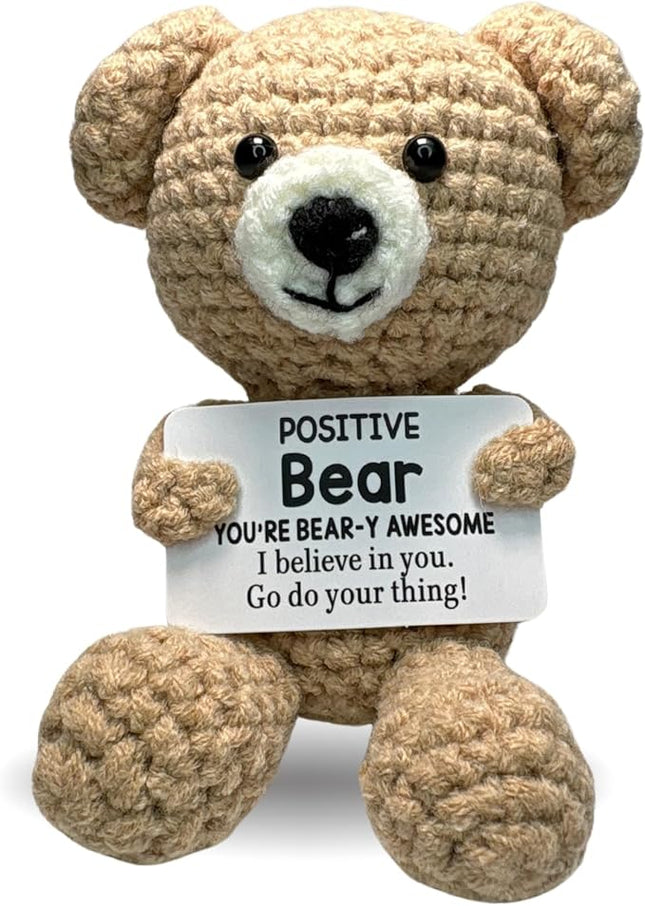 Positive Crochet Animals Positive Bear Wise & Warm - Handmade Emotional Support Crochet Doll Desk Decor Pickle Gifts Emotional Support Plush for Anxiety & Stress Relief