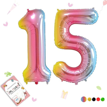 Smlpuame 40 Inch Number Balloons 0-9 Rainbow Gradient Large Number 15 Balloons, Digital Balloons for Birthday Party Celebration Decorations, Helium Foil Number Balloons for Wedding Anniversary