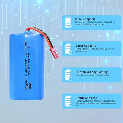 3.7 Volt Rechargeable Battery 4000mah, 18650 Batteries with JST Connector, and USB Charger Cable for Flashlights, Remote Control Cars, Bluetooth Speakers, LED Flashlights