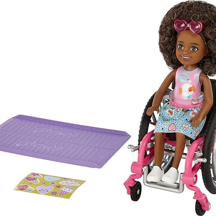 Barbie Chelsea Doll & Wheelchair with Moving Wheels, Ramp, Sticker Sheet & Accessories, Small Doll with Curly Brown Hair