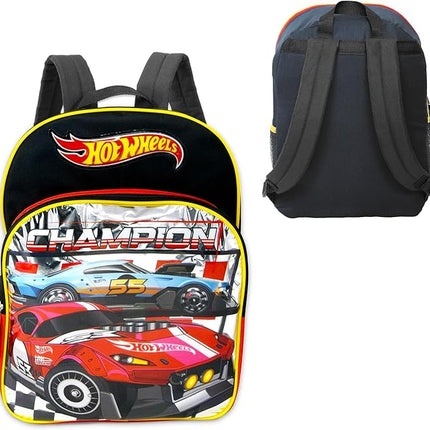 Hot Wheels Backpack Set - Bundle with Deluxe 16" Race Car Backpack Plus Temporary Tattoos, Water Bottle, More | Hot Wheels Backpack for Boys, Kids