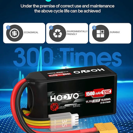 HOOVO 3S 120C 11.1V 1500mAh LiPo Battery with XT60 Plug for FPV Racing RC Quadcopter Helicopter Airplane Multi-Motor Hobby DIY Parts (2 Pack)