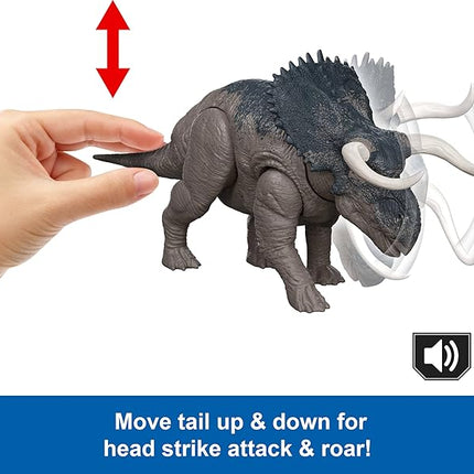 Mattel Jurassic World Rebirth Wild Roar Nasutoceratops Dinosaur Toy with Tail-Controlled Chomp Multi-Direction Attack & Sound, Posable & Digital Play
