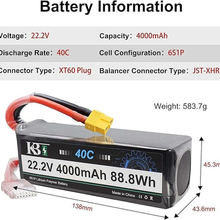 KBT 6S 22.2V LiPo High Discharge Rate Battery 40C 4000mAh Rechargeable Soft Pack Lithium Polymer Battery with XT60 Connector for RC Car Drone Boat Truck Airplane Helicopter