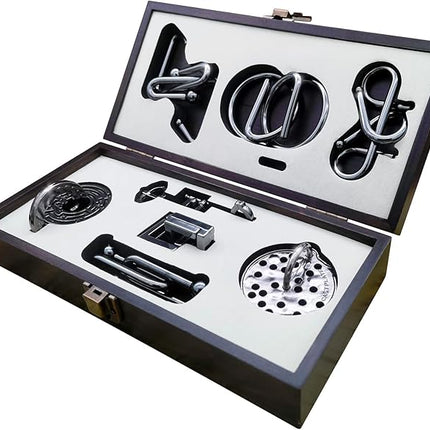 8-Piece 3D Metal Puzzle Box IQ Test Kit with Wooden Case, Brain Challenge for Adults Teens, Gift for Christmas, Valentine's Day, Birthday, Anniversary & Family Party Game