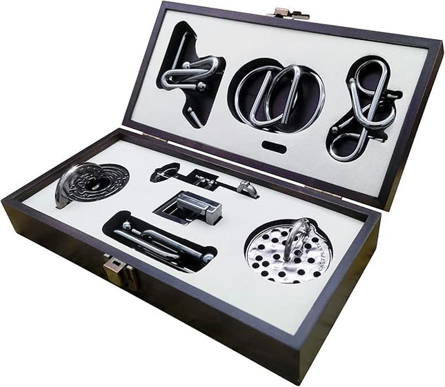 8-Piece 3D Metal Puzzle Box IQ Test Kit with Wooden Case, Brain Challenge for Adults Teens, Gift for Christmas, Valentine's Day, Birthday, Anniversary & Family Party Game