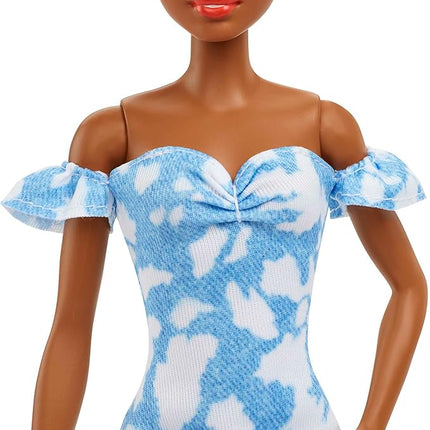 Barbie Fashionistas Doll #185 with Black Up-do Hair, Bleached Denim Dress & Accessories Including Boots & Headband