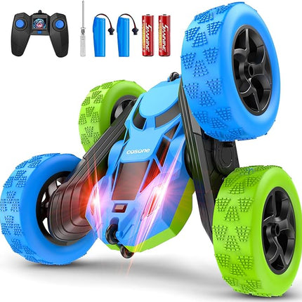 cosone Remote Control Car Toys for Boys - 4WD 2.4Ghz Double Sided 360° Rotating All Terrain RC Cars with Cool Lights, Kids Birthday for Boys-Blue&Green