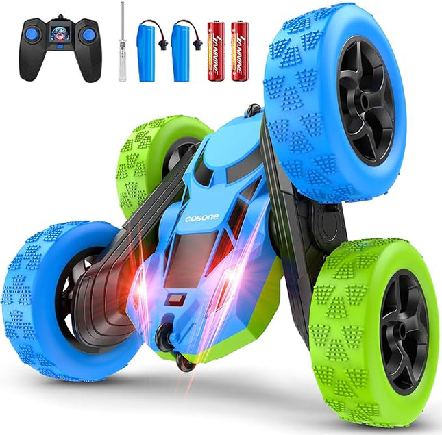 cosone Remote Control Car Toys for Boys - 4WD 2.4Ghz Double Sided 360° Rotating All Terrain RC Cars with Cool Lights, Kids Birthday for Boys-Blue&Green