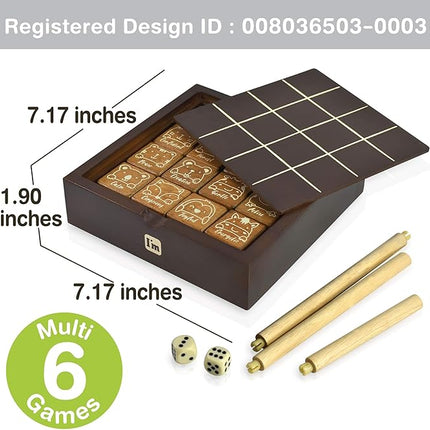 Super SIX : Wooden Multi Board Game: Tic Tac Toe + Shut The Block + 15 Number Sliding Puzzles for Kids and Family