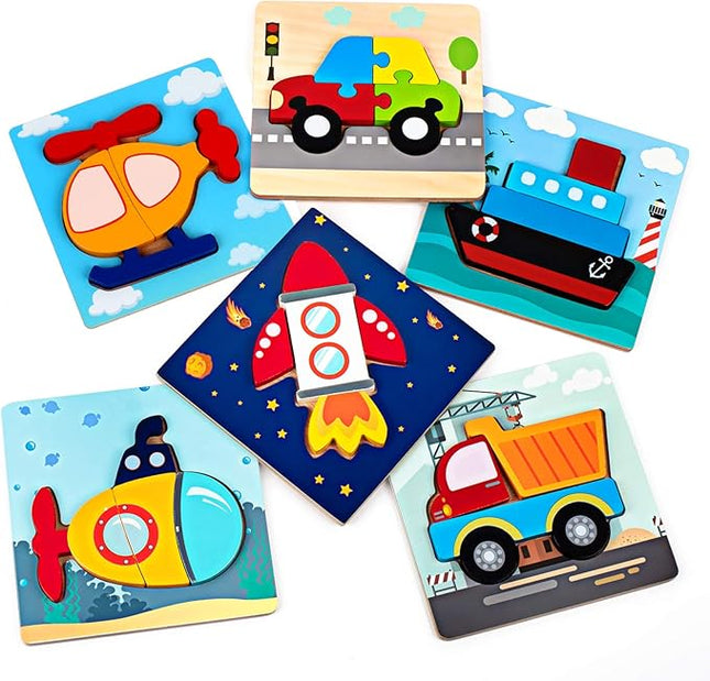 SYNARRY Wooden Vehicle Puzzles for 3 4 5 Years Old Boys Girls, Puzzles for Toddlers 3-5, Educational Toys Gifts with 6 Vehicles Transportation, Easter Basket Stuffers Valentines Day Gifts for Kids