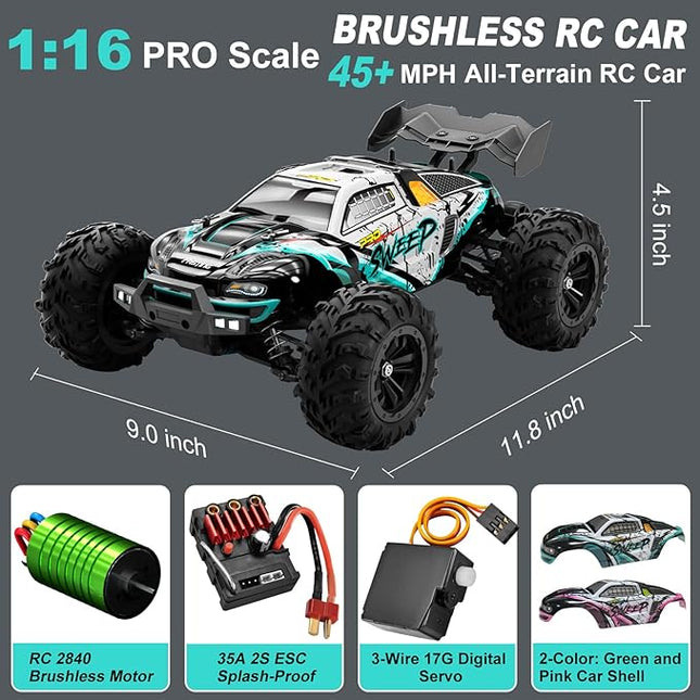 1:16 Scale RC Car for Adults, 45+ MPH High Speed 4WD Brushless Electric Truck - 4x4 Waterproof Off-Road Remote Control Vehicle with 2 Rechargeable Batteries & 2.4GHz Remote