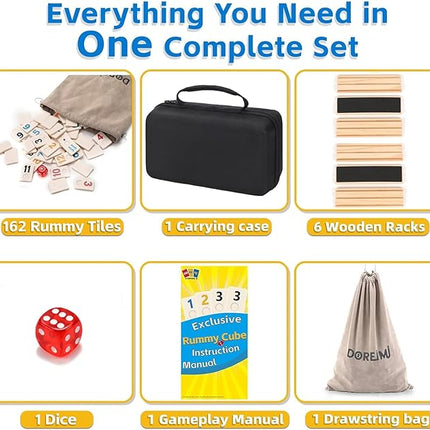 Upgraded Rummy Cube Game Set 6 Plays with 6 Wooden Holders and 162 Rummy Tiles, Travel and Family Board Game for Adults and Kids