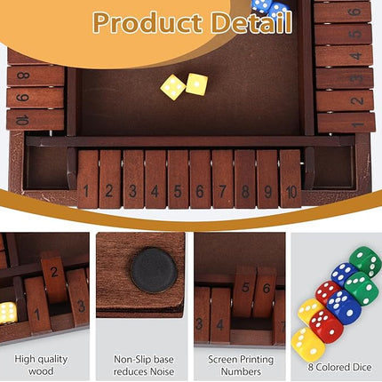 Shut The Box Game Wooden, 12 inch Close Shut The Box Game for 2-4 Player Adults, Math Sequence Dice Plunder Board Games with 8 Dice, 4-Sided 10 Number Table Games for Family Classroom Home Party Pub