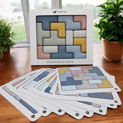 Jispring Silicone Tetris Puzzles with Templates, Montessori STEM Educational Sensory Toy for Kids, Intelligence Brain Teaser, Block Jigsaw Puzzle, 3D Russian Building Games