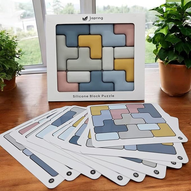 Jispring Silicone Tetris Puzzles with Templates, Montessori STEM Educational Sensory Toy for Kids, Intelligence Brain Teaser, Block Jigsaw Puzzle, 3D Russian Building Games