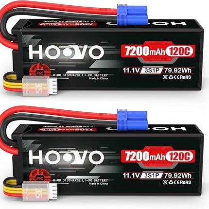 HOOVO 11.1V 120C 7200mAh 3S Lipo Battery Hard Case with EC5 Connector Compatible for RC Car Truck Buggy RC Boat Tracxas LOSI Associated Racing Hobby RC Airplane UAV Drone (2 Packs)
