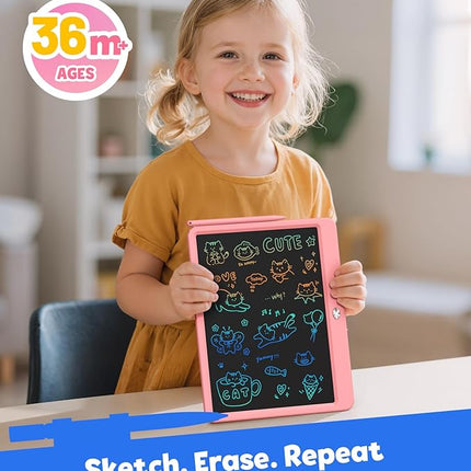 TEKFUN LCD Writing Tablet for Kids Girls Toys, 12 Inch Erasable Drawing Tablet Doodle Board Colorful Doodle Pad, Gifts for Toddlers Girls Adults (Pink)