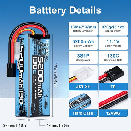 HOOVO 3S Lipo Battery,5200mAh 130C 11.1V Lipo Batteries Pack Hardcase with TR Plug,RC Battery for RC Car,Boat,Truck,Truggy Racing Hobby FPV Racing Model, 2 Pack