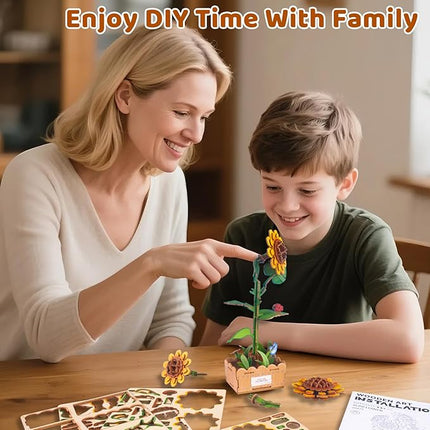 3D Wooden Flower Puzzles for Adults Sunflower, DIY Artificial Flower Building Set Wooden Bloom Craft Kits Home Decoration, for Women Mom Birthday Thanksgiving Christmas Valentine's Day