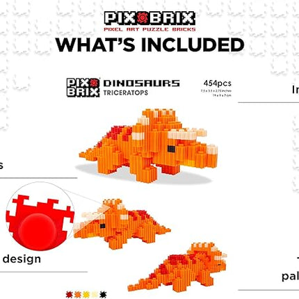 Pix Brix Pixel Art Puzzle Bricks - Dinosaur Series, Triceratops - Patented Building Brick Set to Recreate Your Favorite Dino, Includes 454 Pieces - Create 3D Builds Without Water, Iron or Glue