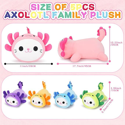 5 PCS Axolotl Cat Plush Stuffed Animal Family-19" Soft Axolotl Cat Plush, Large Mommy Plushies with 4 Baby Kittens Plushies for Kids, Kawaii Plushie Toy Christmas Birthday Gifts for Kids Boys Girls