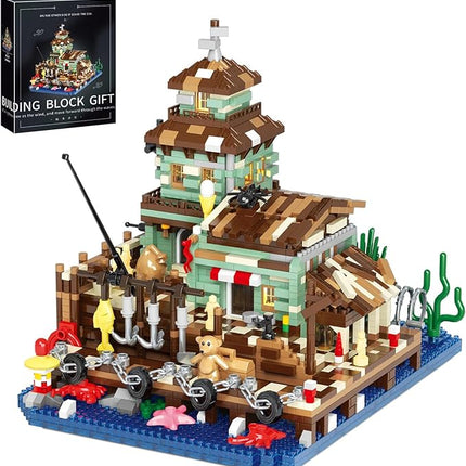 Wooden Fishing Lighthouse House Building Blocks,Village Store Mini Building Blocks Set, Construction Model for Adults Teens Kids Boys Girls 14+