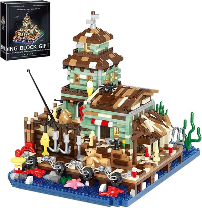 Wooden Fishing Lighthouse House Building Blocks,Village Store Mini Building Blocks Set, Construction Model for Adults Teens Kids Boys Girls 14+