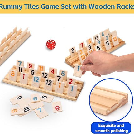 Upgraded Rummy Cube Game Set 4 Players with 4 Wooden Holders and 108 Rummy Melamine Tiles, Travel Family Board Game for Adults and Kids
