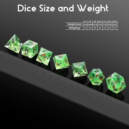 DNDND Full 7 Piece Sharp Edge Dice Set with Carton Stickers for Dungeons and Dragons D&D Table Games (Green with Carton)