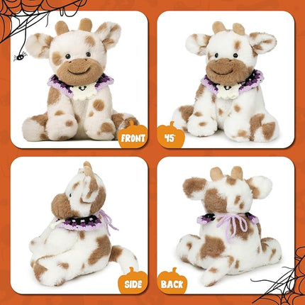 Hopearl Adorable Halloween Plush Cow Toy with Knitted Cute Ghost Bib Floppy Dairy Cattle Soft Stuffed Animal Gifts for Boys Girls Kids Toddlers, Light Brown, 9''