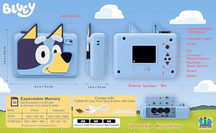 ekids Bluey Kids Camera with SD Card, Digital Camera for Kids with Video Recording, Built-in Digital Stickers, Bluey Toys Make Great Stocking Stuffers for Kids